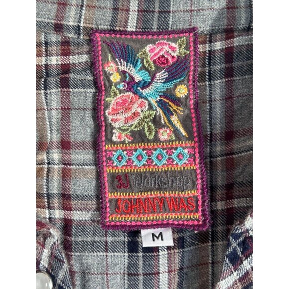 Johnny Was Multicolor Plaid Flannel Floral Long Sleeve Snap Front Tunic - Sz M - Picture 5 of 6
